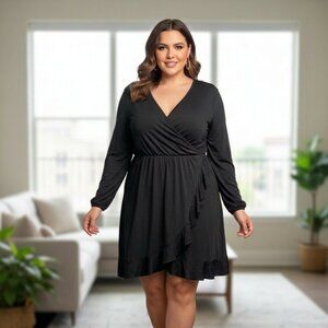 Leadingsta Women's V Neck Long Sleeve Wrap Dresses Ruffle A-line Tunic